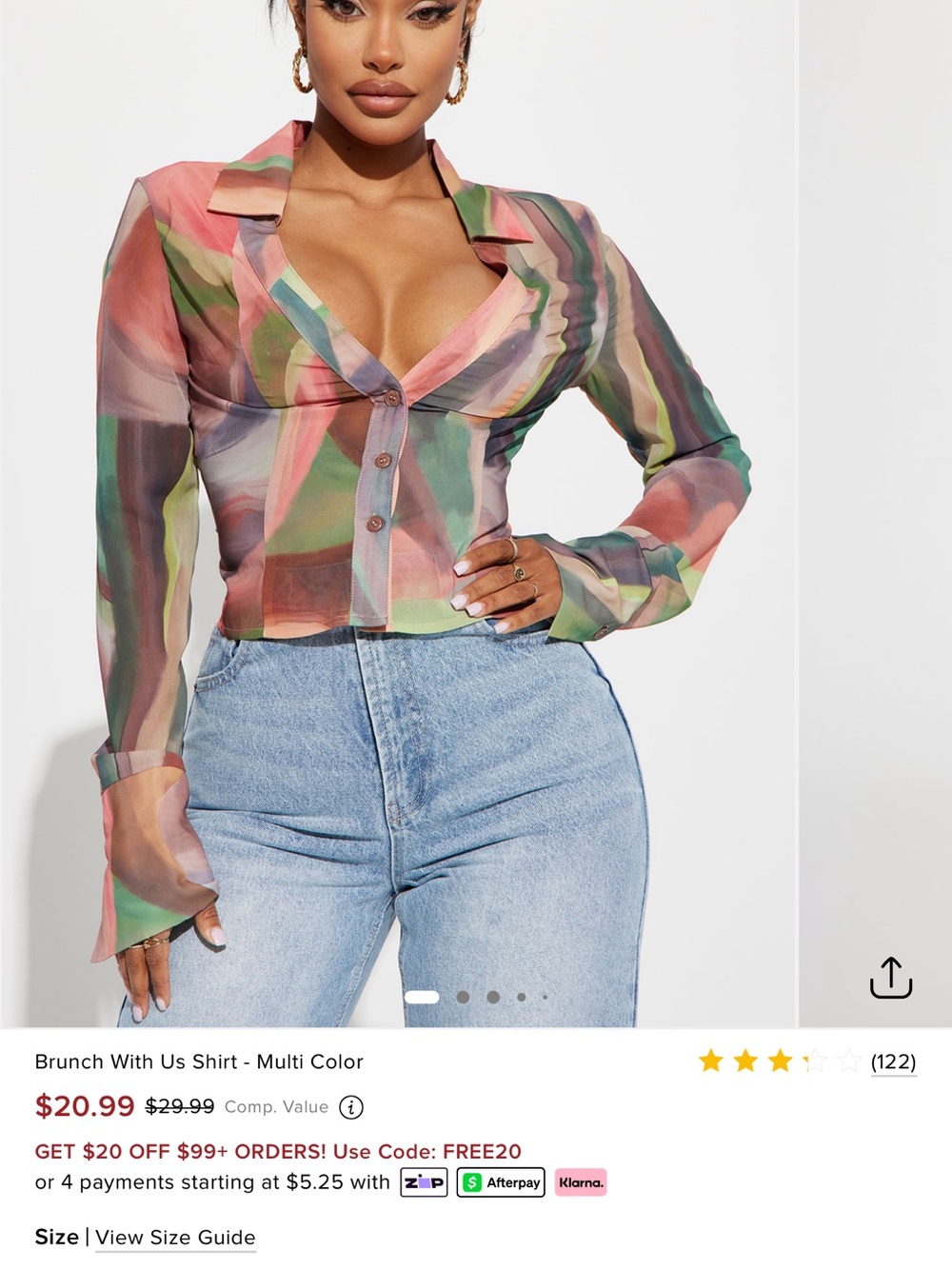 Fashion Nova Multi-Color Sheer Notch-Collar Button Top
